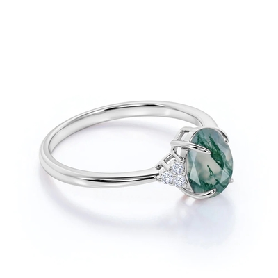 Coupe ovale Moss Green Agate de carat de la pierre 1,1 du classique 7 et anneau de mariage simple de jambe en or blanc