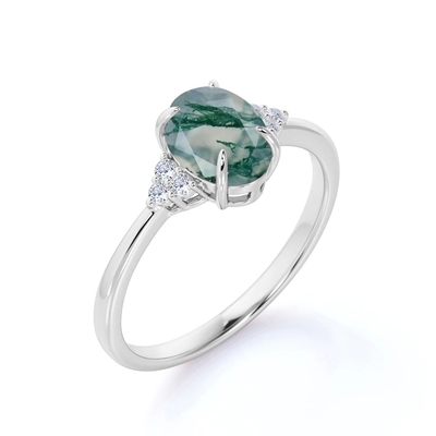 Coupe ovale Moss Green Agate de carat de la pierre 1,1 du classique 7 et anneau de mariage simple de jambe en or blanc