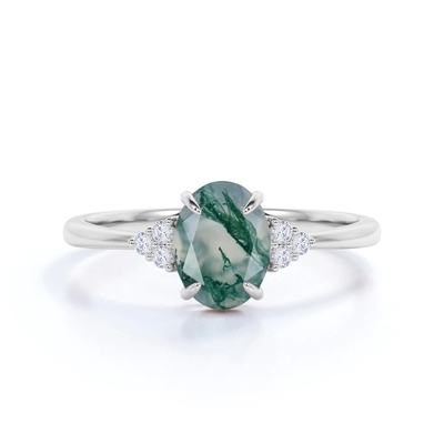 Coupe ovale Moss Green Agate de carat de la pierre 1,1 du classique 7 et anneau de mariage simple de jambe en or blanc