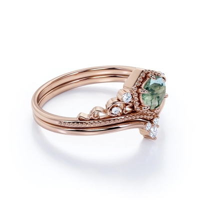 Coupe ronde Moss Green Agate et CZ de Chevron de carat en filigrane du diadème 0,6 épousant Ring Set en Rose Gold