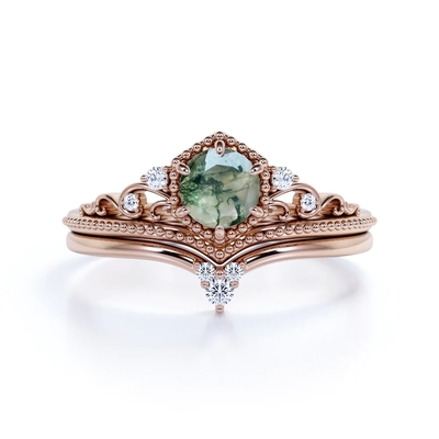Coupe ronde Moss Green Agate et CZ de Chevron de carat en filigrane du diadème 0,6 épousant Ring Set en Rose Gold