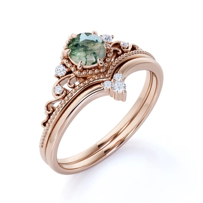 Coupe ronde Moss Green Agate et CZ de Chevron de carat en filigrane du diadème 0,6 épousant Ring Set en Rose Gold