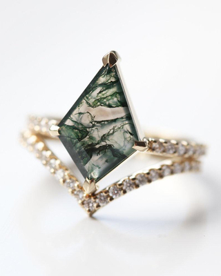 Or de Ring Set For Women In d'engagement de Moss Agate Modern Prism Shape