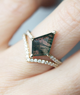 Grand groupe Ring Set de mariage de Moss Agate Statement d'hexagone