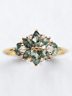 Anneau naturel de groupe de mariage de la CZ de fleur de Moss Agate Flower Shape Marquise