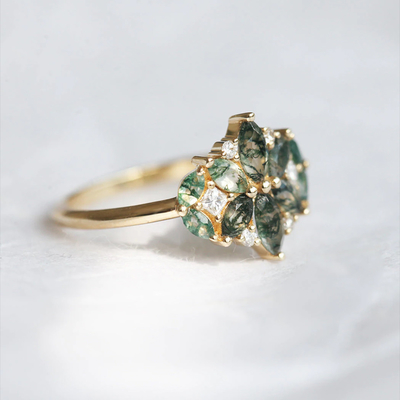 Anneau naturel de groupe de mariage de la CZ de fleur de Moss Agate Flower Shape Marquise