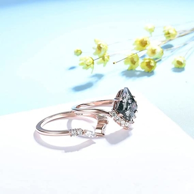 Grand groupe Ring Set de mariage de Moss Agate Statement d'hexagone