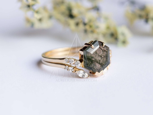 Grand groupe Ring Set de mariage de Moss Agate Statement d'hexagone