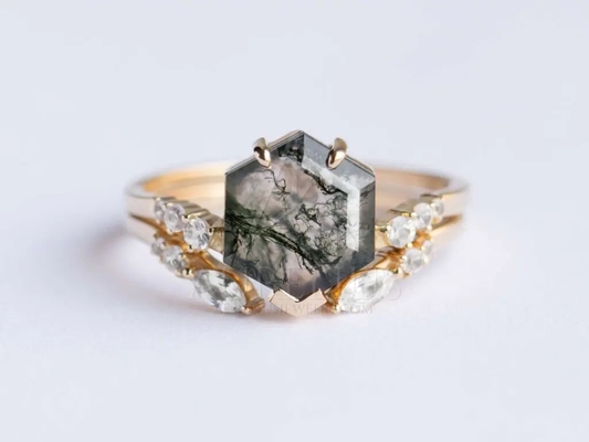 Pierre Moss Agate Engagement Ring Vintage naturel Art Deco Gift Love de forme de cerf-volant