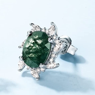 Boucles d'oreille pour des femmes, bijoux verts de mariage de fiançailles de gemmes de femmes naturelles de Moss Agate 925 Sterling Silver Stud Earrings For