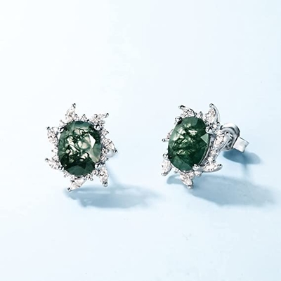 Boucles d'oreille pour des femmes, bijoux verts de mariage de fiançailles de gemmes de femmes naturelles de Moss Agate 925 Sterling Silver Stud Earrings For
