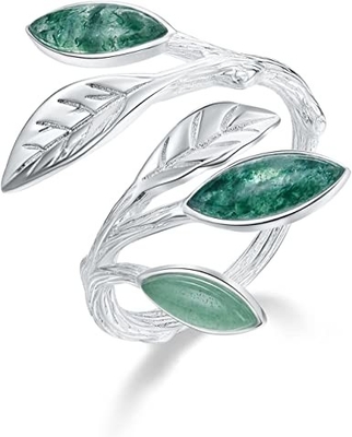 Anneau d'or en forme de poire de femmes naturelles de Moss Agate Ring Set For pour des femmes