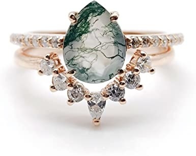 Moss Agate Emerald Ring Set, anneau de mariage de promesse de cadeau de bijoux d'anniversaire