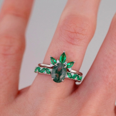 Moss Agate Emerald Ring Set, anneau de mariage de promesse de cadeau de bijoux d'anniversaire