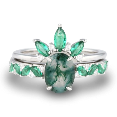 Moss Agate Emerald Ring Set, anneau de mariage de promesse de cadeau de bijoux d'anniversaire