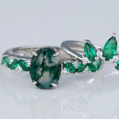 Moss Agate Emerald Ring Set, anneau de mariage de promesse de cadeau de bijoux d'anniversaire
