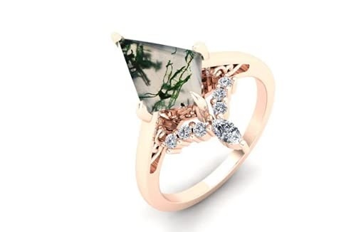 L'hexagone a coupé Moss Agate Vintage Unique Moissanite naturel Ring For Art Deco nuptiale