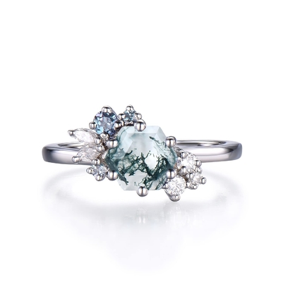 L'hexagone a coupé Moss Agate Vintage Unique Moissanite naturel Ring For Art Deco nuptiale