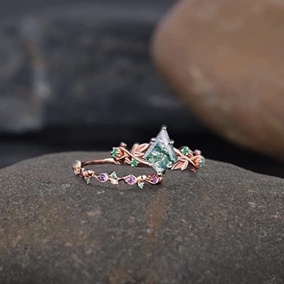 Feuille inspirée naturelle solide Moss Agate Jewelry Cluster Emerald de Rose Gold 1.25ct aquatique
