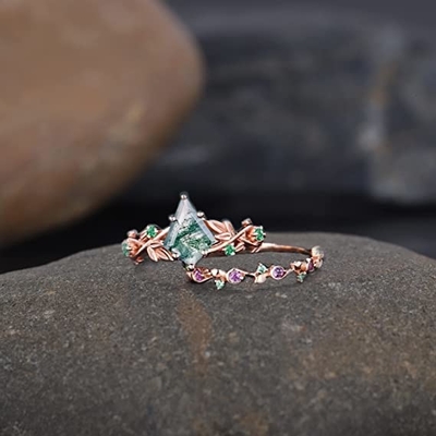 Feuille inspirée naturelle solide Moss Agate Jewelry Cluster Emerald de Rose Gold 1.25ct aquatique