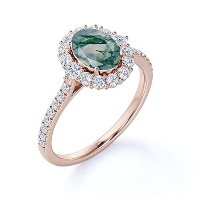 Engagement ovale Ring Green Gemstone de halo de Moss Agate Moissanite Diamonds Floral