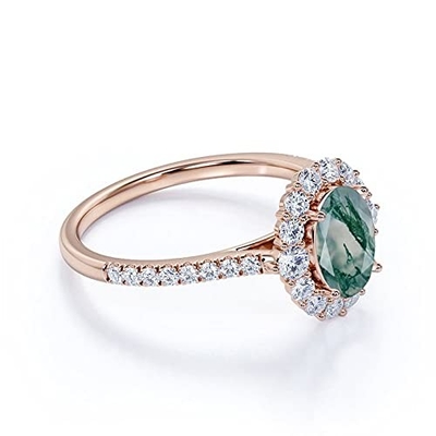 Engagement ovale Ring Green Gemstone de halo de Moss Agate Moissanite Diamonds Floral