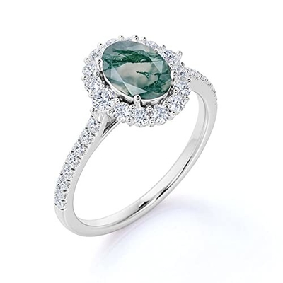 Engagement ovale Ring Green Gemstone de halo de Moss Agate Moissanite Diamonds Floral