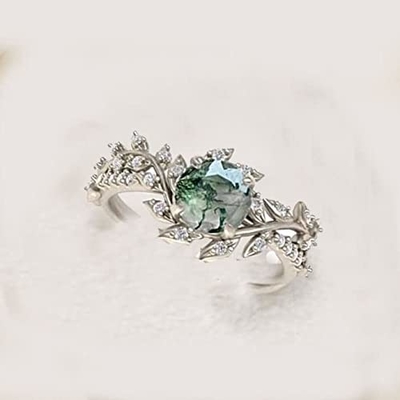 La feuille forment la bague de fiançailles nuptiale argentée de Mossagate de pierre centrale de 925 Sterling