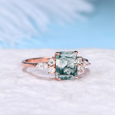Pierre Ring Hypoallergenic d'agate d'Emerald Cut Antique Aquatic Green