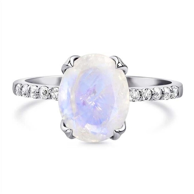 Anneau bleu naturel de Moonstone d'hexagone de bijoux de 925 Sterling Silver Halo CZ