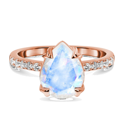 Anneau bleu naturel de Moonstone d'hexagone de bijoux de 925 Sterling Silver Halo CZ