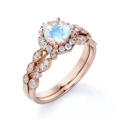Nouveaux anneaux de Sterling Silver Blue Moonstone Engagement du style 925 autour de Moonstone épousant Ring Set