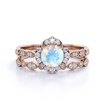 Nouveaux anneaux de Sterling Silver Blue Moonstone Engagement du style 925 autour de Moonstone épousant Ring Set