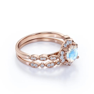 Nouveaux anneaux de Sterling Silver Blue Moonstone Engagement du style 925 autour de Moonstone épousant Ring Set