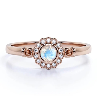 Or de 925 Sterling Silver Rose 1 halo Ring Rainbow Moonstone Ring de fleur de carat