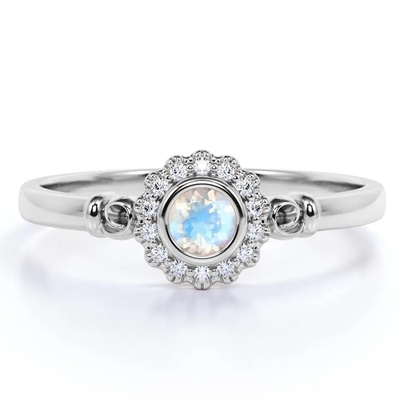 Or de 925 Sterling Silver Rose 1 halo Ring Rainbow Moonstone Ring de fleur de carat