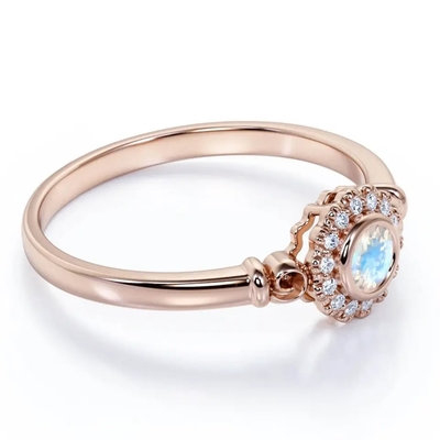 Or de 925 Sterling Silver Rose 1 halo Ring Rainbow Moonstone Ring de fleur de carat