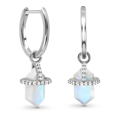 L'hexagone de 925 Sterling Silver Natural Stone Jewelry a coupé les boucles d'oreille bleues de goujon de Moonstone d'arc-en-ciel