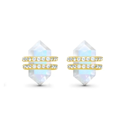 L'hexagone de 925 Sterling Silver Natural Stone Jewelry a coupé les boucles d'oreille bleues de goujon de Moonstone d'arc-en-ciel