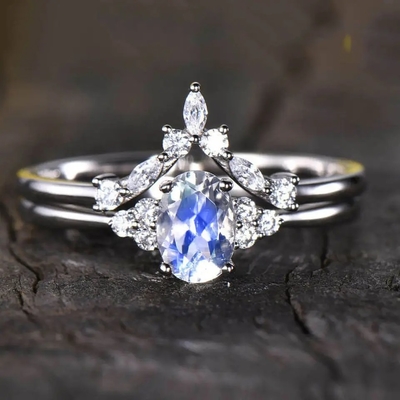 engagement Ring Moonstone Halo Rings Jewelry de 14K Rose Gold Oval Cabochon Cut Moonstone