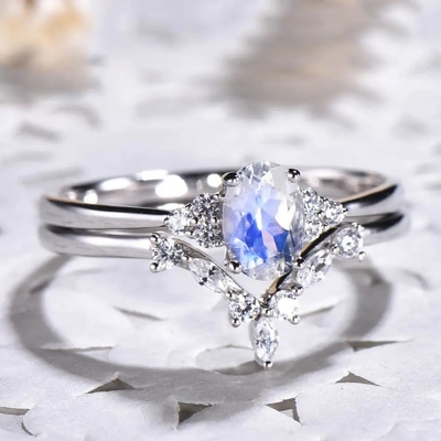 Arc-en-ciel Moonstone bleu de 925 Sterling Silver Natural Stone Jewelry épousant Ring Set