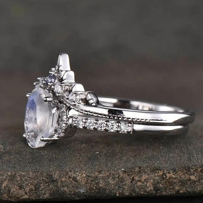 Arc-en-ciel Moonstone bleu de 925 Sterling Silver Natural Stone Jewelry épousant Ring Set