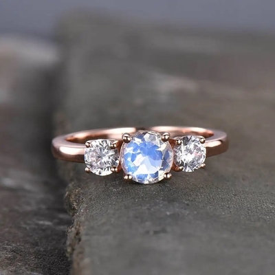 engagement Ring Moonstone Halo Rings Jewelry de 14K Rose Gold Oval Cabochon Cut Moonstone