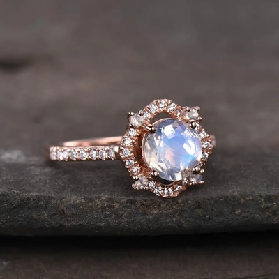 Bague de fiançailles de Moonstone d'arc-en-ciel facettée par rond de 925 Sterling Silver Natural Gemstone Jewelry