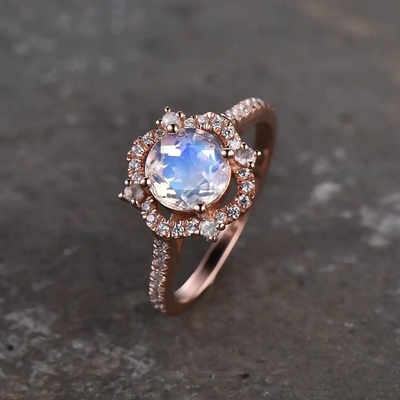 engagement Ring Moonstone Halo Rings Jewelry de 14K Rose Gold Oval Cabochon Cut Moonstone