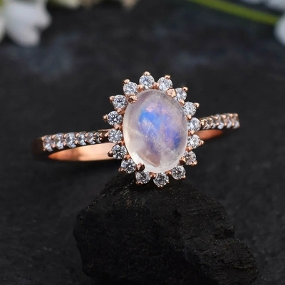 engagement Ring Moonstone Halo Rings Jewelry de 14K Rose Gold Oval Cabochon Cut Moonstone