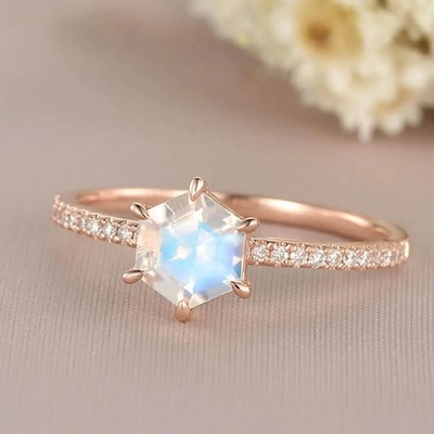 Bague de fiançailles de Moonstone de bijoux de Rose Gold Hexagon Shaped Wedding