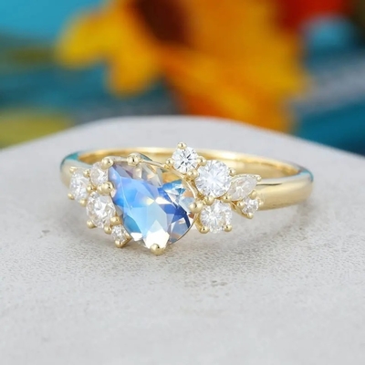 cadeau antique nuptiale d'anniversaire de promesse de l'or 14K jaune pour la bague de fiançailles en forme de poire de Moonstone de femmes