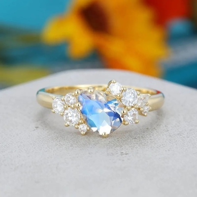 cadeau antique nuptiale d'anniversaire de promesse de l'or 14K jaune pour la bague de fiançailles en forme de poire de Moonstone de femmes
