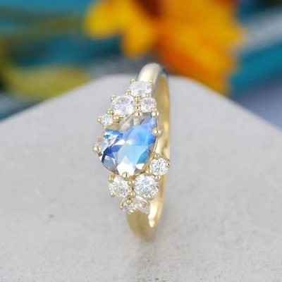 cadeau antique nuptiale d'anniversaire de promesse de l'or 14K jaune pour la bague de fiançailles en forme de poire de Moonstone de femmes